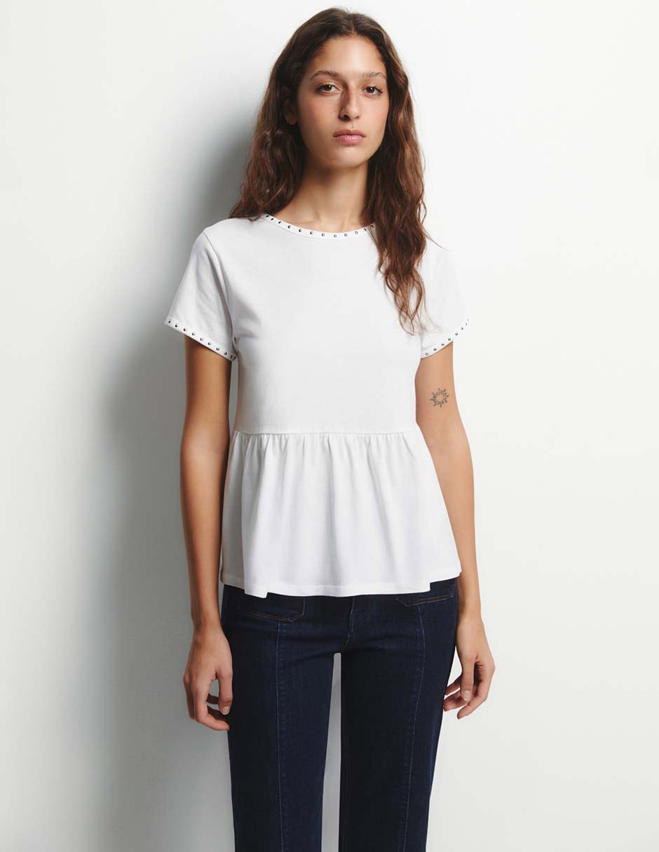 Camiseta cuello redondo escote medio manga corta de algodón