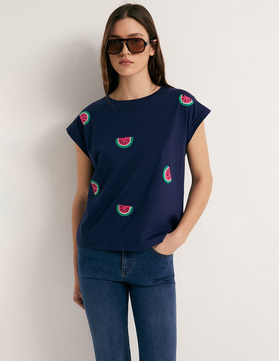 Camiseta mc detalle crochet sfera para mujer